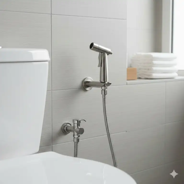 A stainless steel diaper sprayer mounted on a bathroom wall next to a toilet.