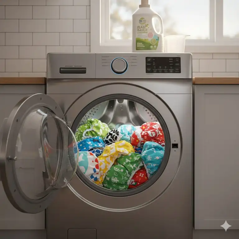 A modern high-efficiency cloth diaper washer filled with colorful diapers in a bright laundry room.