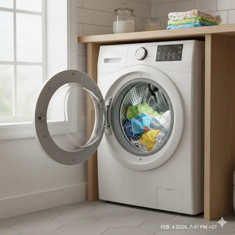 A modern laundry room featuring a high-efficiency cloth diaper washing machine filled with colorful reusable diapers.