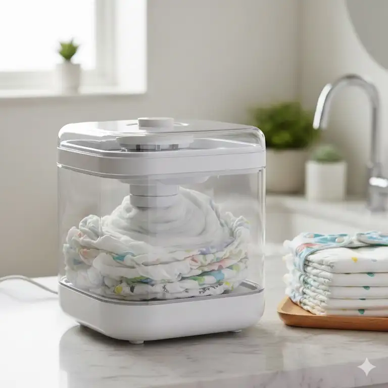 A modern mini washing machine for cloth diapers placed on a clean bathroom counter.
