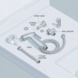 Complete diaper sprayer kit including T-valve adapter, hose, and handheld spray head.