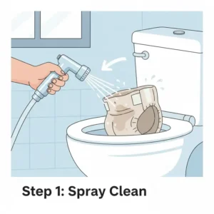 Diagram showing a hand using a cloth diaper toilet sprayer to clean a diaper over the bowl.