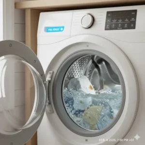A close-up of the initial pre-rinse cycle for soiled diapers inside a cloth diaper washing machine.