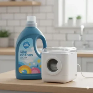 Compact size comparison of a mini washing machine for cloth diapers next to a detergent bottle.