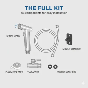 Illustration showing the complete cloth diaper sprayer set including the hose, T-adapter, and spray wand.