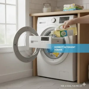 An illustration showing the correct amount of liquid detergent being added to a cloth diaper washing machine.