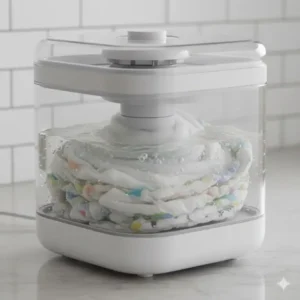 Interior drum view of a mini washing machine for cloth diapers during a wash cycle.