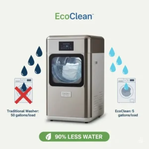 An infographic highlighting the water-saving features of using a dedicated cloth diaper cleaning machine.