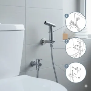 Illustration showing how to connect a diaper sprayer T-valve to a toilet water supply.