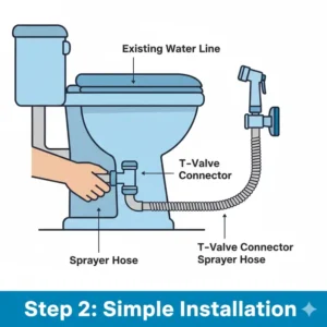 Step-by-step guide on how to connect the T-valve for a cloth diaper toilet sprayer installation.