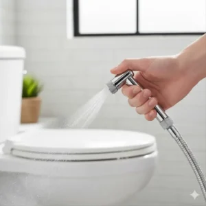 A hand adjusting the water pressure on a diaper sprayer for cloth diapers for effective cleaning.