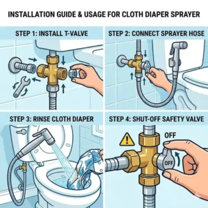 A step-by-step visual guide on how to perform a DIY installation for handheld diaper sprayers.