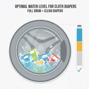Diagram explaining the optimal water level needed for a cloth diaper washer to ensure deep cleaning.