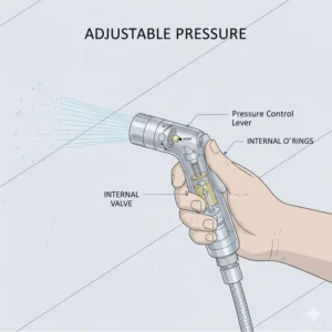Handheld cloth diaper sprayer with an adjustable lever for controlling water pressure.