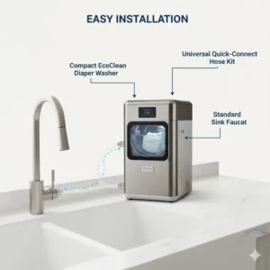 Diagram showing how to connect a portable cloth diaper cleaning machine to a standard sink faucet.