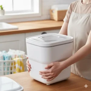 A person easily carrying a portable mini washing machine for cloth diapers in a kitchen.