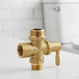 Close-up of a metal T-valve adapter used for a diaper sprayer for cloth diapers.