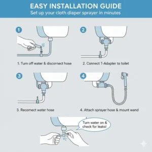 A step-by-step diagram showing how to connect a cloth diaper sprayer to a standard toilet water supply valve.