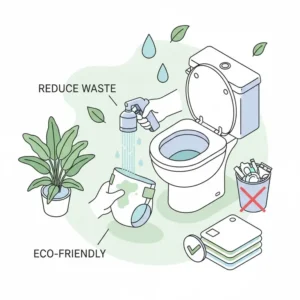 Illustration of a diaper sprayer reducing waste by cleaning reusable cloth diapers.