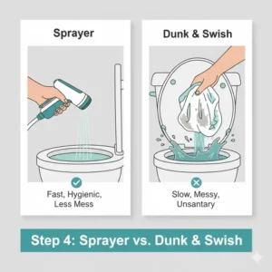 Comparison infographic between the dunk and swish method and using a cloth diaper toilet sprayer.