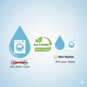 Infographic showing the water-saving benefits of a mini washing machine for cloth diapers.