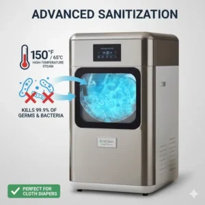 Graphic illustrating the high-temperature steam settings on a cloth diaper cleaning machine for killing bacteria