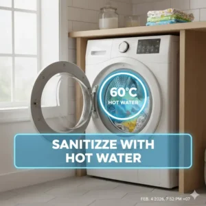 A graphic showing the 60 degrees Celsius hot water sanitizing setting on a cloth diaper washing machine.