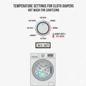 A washing machine dial set to heavy-duty hot water cycle on a cloth diaper washer.