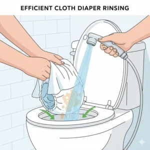 An illustration of a parent using a diaper sprayer for cloth diapers to rinse a soiled diaper.