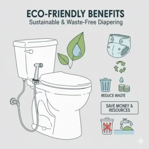 Illustration of a cloth diaper sprayer next to a green leaf icon representing sustainable and waste-free diapering.