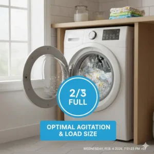 An illustration of the ideal two-thirds load size for better agitation in a cloth diaper washing machine.