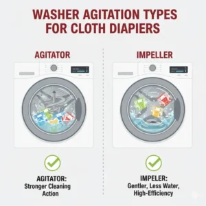 Comparison of agitator and impeller styles in a cloth diaper washer for effective soil removal.