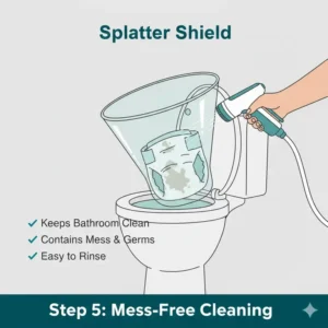 Using a splatter shield with a cloth diaper toilet sprayer to ensure a mess-free cleaning experience.