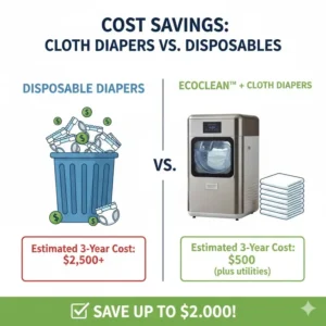 A visual chart comparing the long-term savings of a cloth diaper cleaning machine versus disposable diapers.