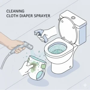 Close-up illustration of a high-pressure diaper sprayer rinsing a cloth diaper over a toilet.