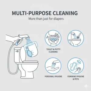 Illustration showing a cloth diaper sprayer being used for various bathroom cleaning tasks and personal hygiene.