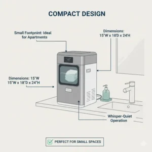 A detailed illustration of a compact, space-saving cloth diaper cleaning machine designed for small apartments.