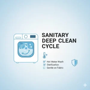 Diagram explaining the deep cleaning sanitary cycle of a mini washing machine for cloth diapers.