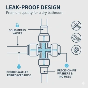Close-up illustration of the reinforced hose and leak-proof brass valves of a premium cloth diaper sprayer.