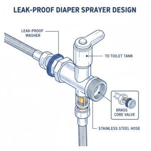 Diagram of a leak-proof diaper sprayer design with brass core and rubber washers.