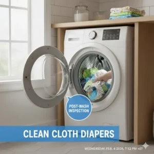 Fresh and clean reusable diapers being removed from a cloth diaper washing machine after the final cycle.
