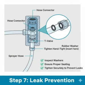 Technical illustration of rubber washer placement to prevent leaks in a cloth diaper toilet sprayer hose.