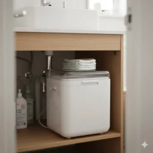 A mini washing machine for cloth diapers stored neatly under a bathroom sink cabinet.