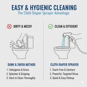 Illustration comparing the mess-free cloth diaper sprayer method to the traditional dunk-and-swish toilet method.