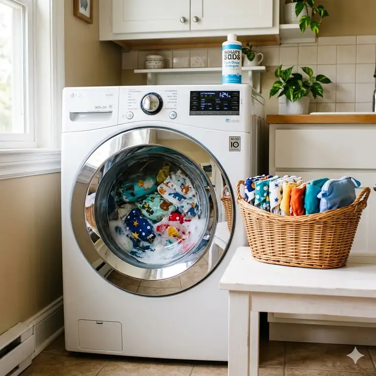 A modern laundry room showing the best washing machine for cloth diapers with a basket of clean nappies.