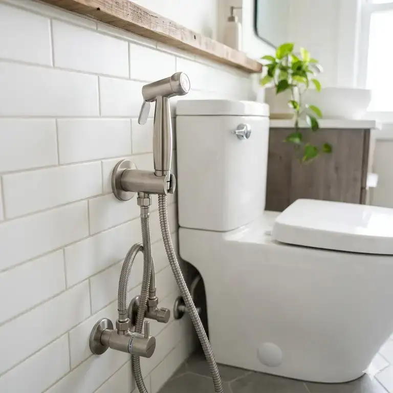 A luxury bathroom setup featuring a chrome handheld bidet with warm water installed next to a toilet.