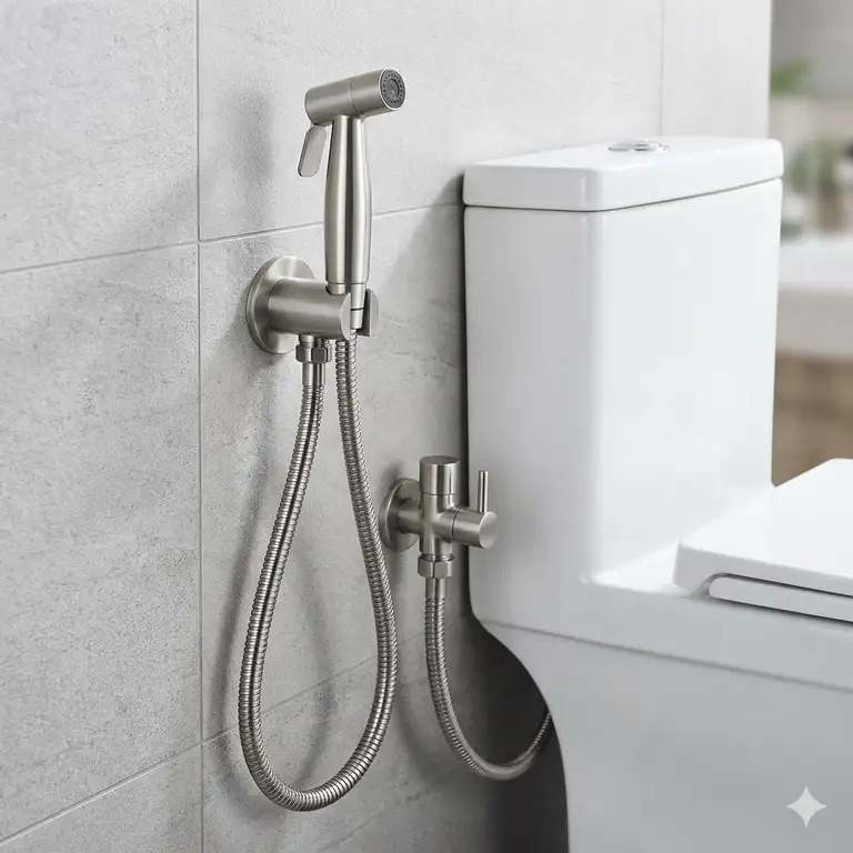A premium wall-mounted stainless steel bidet spray set with a flexible hose and T-valve adapter in a modern bathroom.