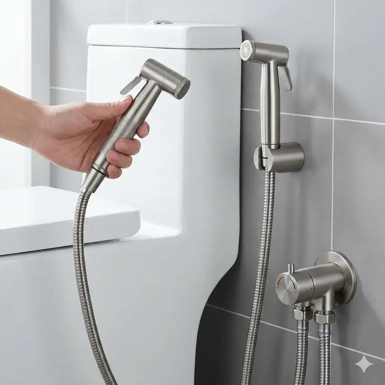 Featured Image: Premium stainless steel handheld bidet sprayer hot and cold complete set installed in a modern bathroom.