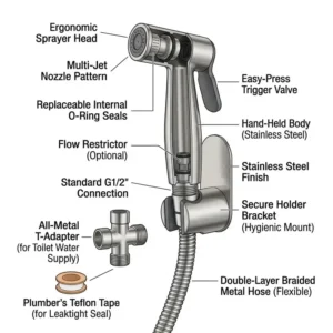 A technical diagram labeling the high-quality components of the best handheld bidet sprayer for toilet.