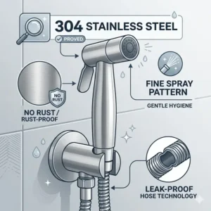 Close-up of a durable 304 stainless steel bidet spray head highlighting its rust-proof brushed finish.